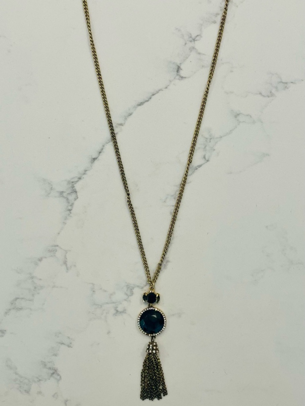 J Crew Gold Tone Necklace with Dark Blue Stone Pendant